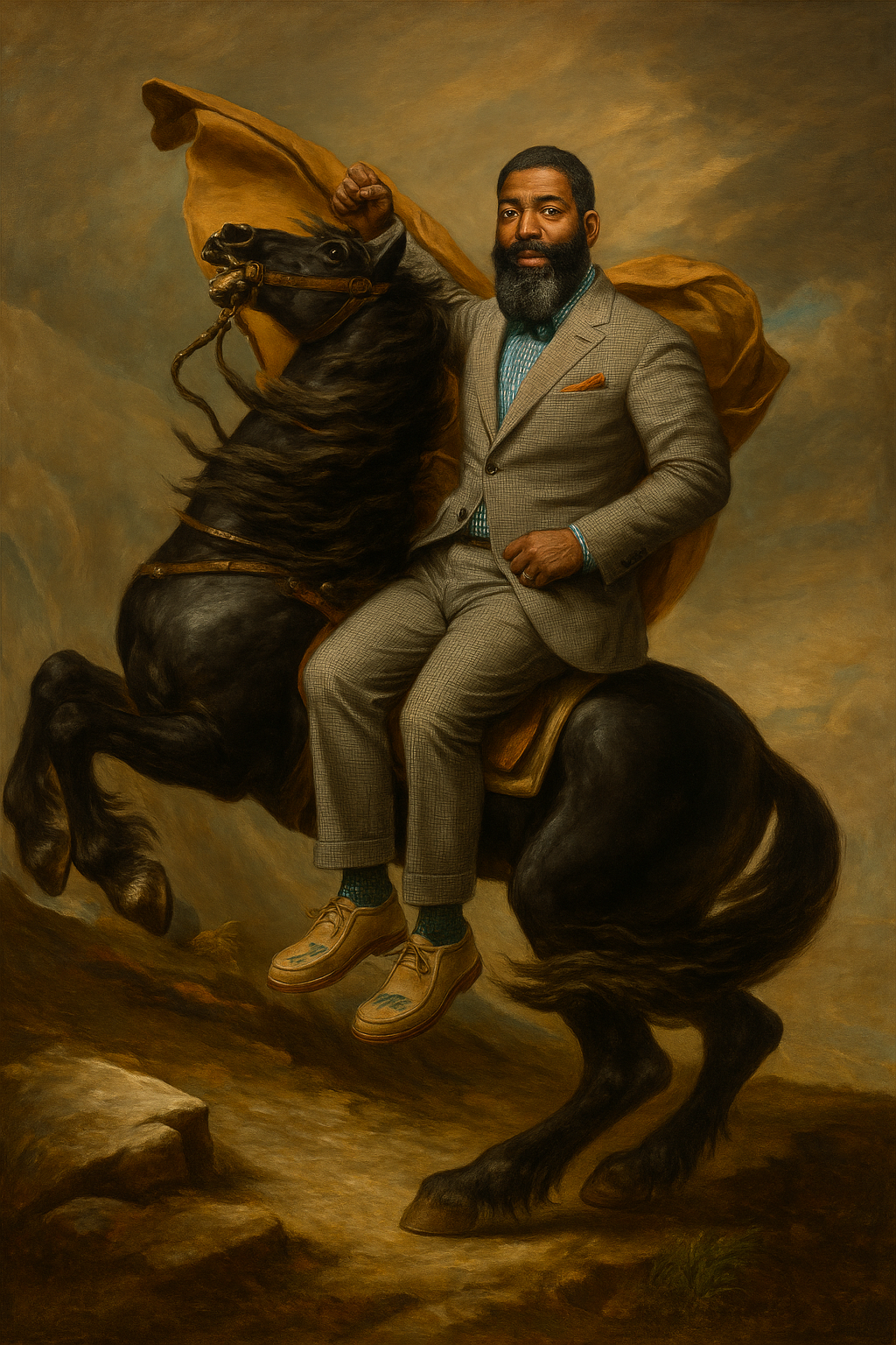 Dapper Justin Tucker on horseback